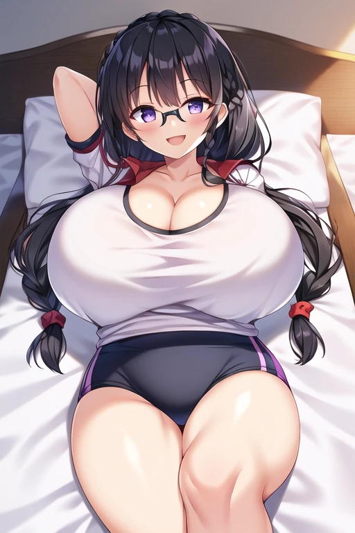 (1girl), (black hair:1.1), (massive), (purple eyes), (braid), (glasses), (huge breast), (smile), (:d), (Intricate Iris Details), (Gym suit), (white shirt), (looking at viewer), (mat:1.1), (indoors), (on back), (thigh), (bed sheet)