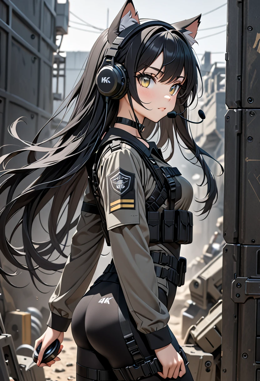 8K Ultra High-Quality, ultra-detailed, High quality, Black hair, Long hair, Headset, Goggles, cat girl, Grey Tactical clothes, Military clothes, black spandex under clothes, body harness, Looking at viewer, choker, full body, close up, side view 