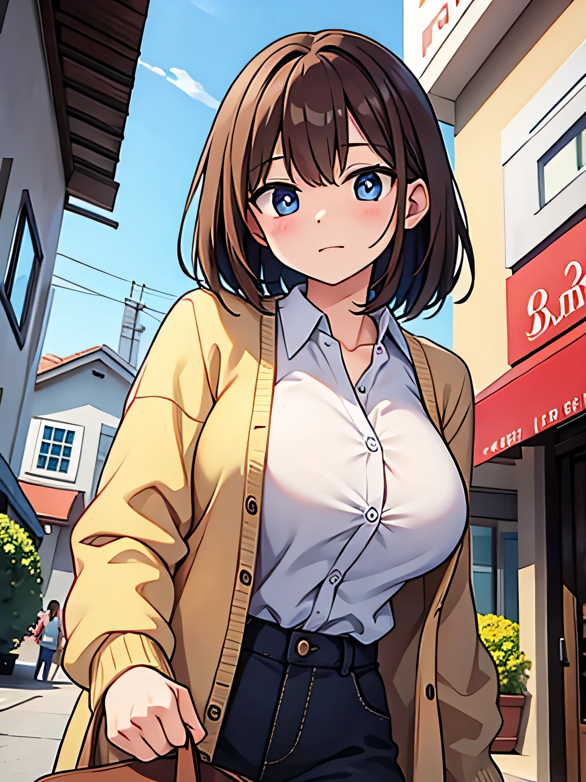 cardigan、Big Breasts、Embarrassed、Brown Hair、Medium Hair、From below