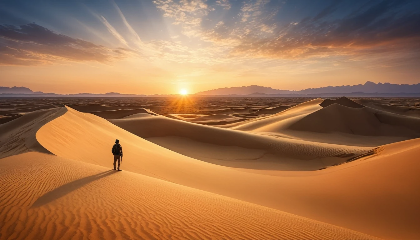 Best-quality, Masterpiece, Ultra-High-Resolution, (Photorealistic:1.4), Raw-Photo, Extremely-Detaied, A lone figure stands at the edge of a vast desert landscape, the sun setting behind them casting a warm orange glow over the sand dunes and rocky outcroppings. The figure's silhouette is bold against the vibrant hues of the sky, their arms outstretched as if embracing the endless expanse before them, ImgFixerPre0.3