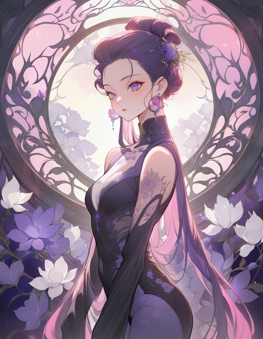 (masterpiece, best quality:1.2), A stunning anime girl，With an intricate floral tattoo on her neck, Exudes elegance and beauty.,neon realism style, Deep pink and pale black, Gothic Art Nouveau, Character design inspired by anime, deep white and indigo, Bold and elegant, Cyberpunk comics, Detailed clothing