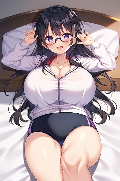 (One girl), (Black Hair:1.1), (Large scale), (Purple eyes), (braid), (Glasses), (Huge breasts), (smile), (:d), (Intricate iris detail), (Gym suit), (White shirt), (View your viewers), (mat:1.1), (indoors), (on back), (thigh), (bed sheet)