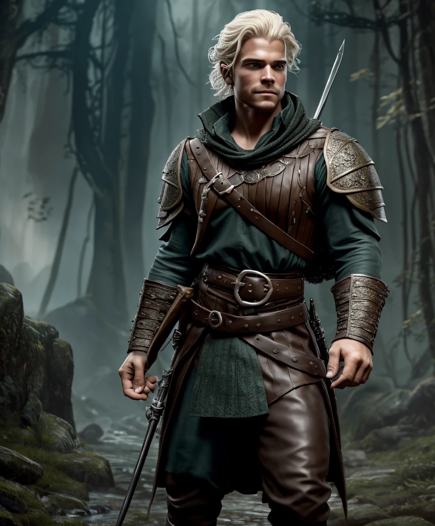 score_9, score_8_up, score_7_up, score_6_up, (((Solo focus.)))  (((Single character image.))) (((Dressed in traditional medieval fantasy attire for a dark fantasy game.)))  (((Sexy human male.))) (((Appears to be 20 years old with youthful looks and long white hair.)))  (((Dressed in medieval fantasy attire.))) (((Handsome and young.)))  (((Swashbuckler fashion.)))  (((Dressed in medieval fantasy attire.)))  (((Ideal male physique.)))   Looks like a fun-loving and heroic male adventurer for Dungeons & Dragons. Looks like a very attractive male adventurer for a high fantasy setting.  Looks like a handsome male for a medieval fantasy setting. Looks like a Dungeons & Dragons adventurer, very cool and masculine hair style, black clothing, handsome, charming smile, adventurer, athletic build, excellent physique, confident, gorgeous face, gorgeous body,  detailed and intricate, fantasy setting,fantasy art, dungeons & dragons, fantasy adventurer, fantasy NPC, attractive male in his mid 20's, ultra detailed, epic masterpiece, ultra detailed, intricate details, digital art, unreal engine, 8k, ultra HD, centered image award winning, fantasy art concept, digital art, centered image, flirty, best quality:1.0,hyperealistic:1.0,photorealistic:1.0,madly detailed CG unity 8k wallpaper:1.0,masterpiece:1.3,madly detailed photo:1.2, hyper-realistic lifelike texture:1.4, picture-perfect:1.0,8k, HQ,best quality:1.0,
