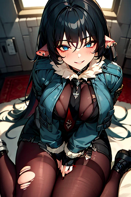 High resolution, masterpiece, Very detailed, Textured skin, jane doe \(zenless zone zero\),One girl, solo,Long Hair, Piercing in left ear,Light blush, A smile that seems to be plotting something,Straight eyes,(Light blue eyes),Uplifting, ruins,Torn pantyhose,Black innerwear,Military jacket,black and red tie,Garter belt on left leg,Black shorts,Black perforated gloves,Red Nails,wariza,from above,downblouse,Sitting,Hands between legs
