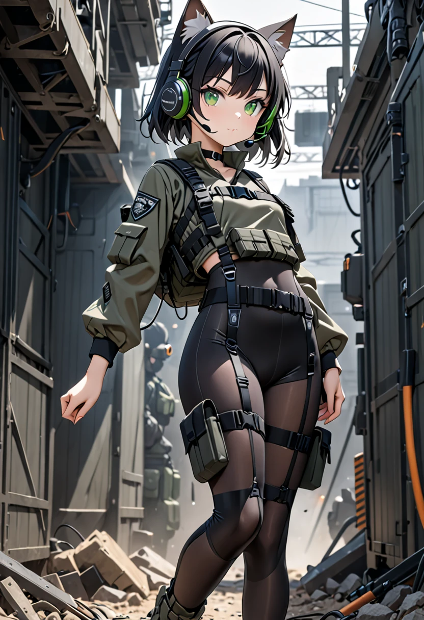 8K Ultra High-Quality, ultra-detailed, High quality, Black hair, short hair, flat chest, Green eyes, Headset, Goggles, cat girl, Grey Tactical clothes, Military clothes, black spandex under clothes, body harness, Looking at viewer, choker, full body, close up, side view 