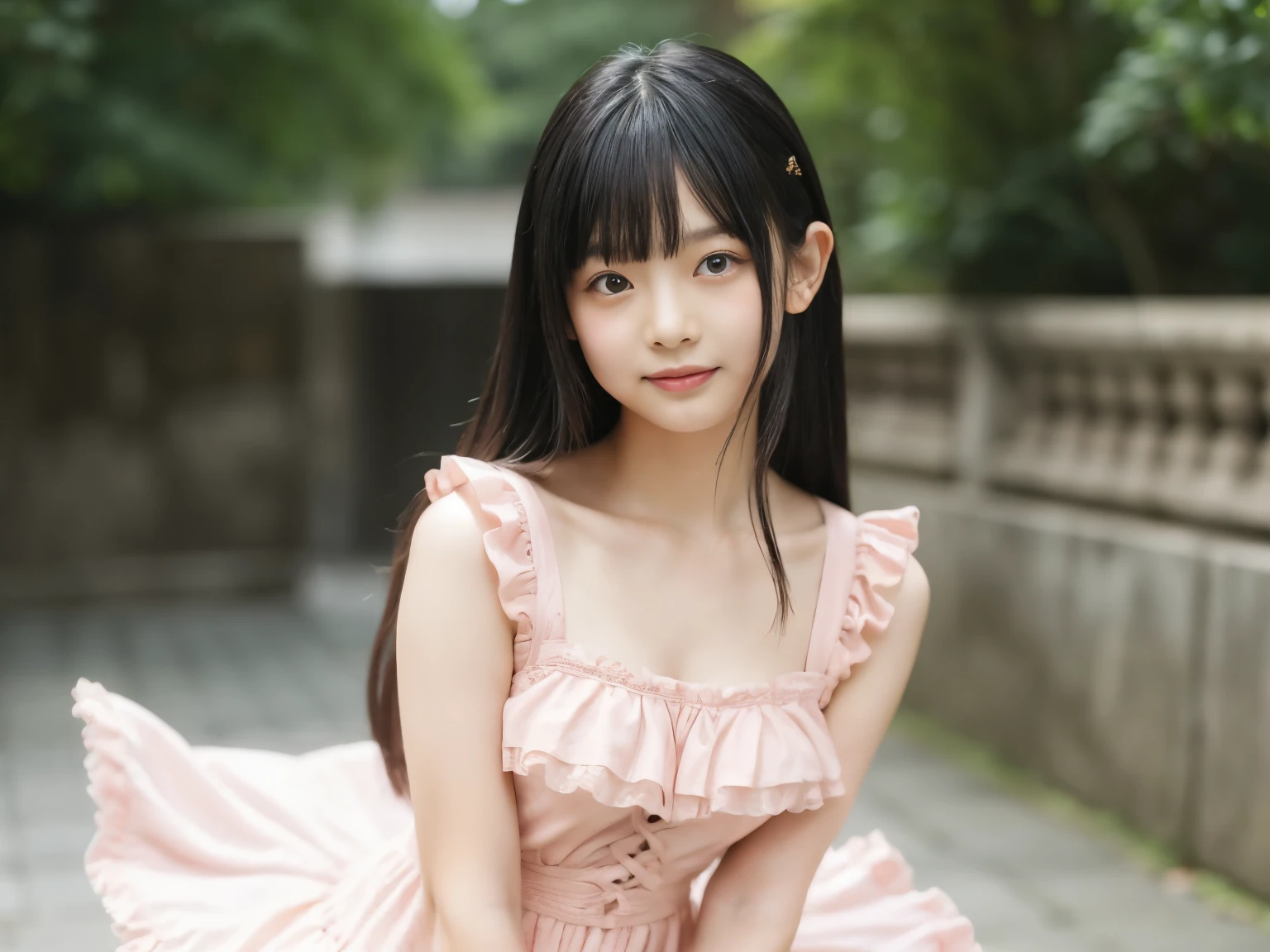 Adorable, 14 years,  Japanese girl,  (Frilly summer dress fluttering in the wind :1.4),   Curly Hair, Hair Scrunchie, Twin tails, (Suggestive:1.2), (smile:0.8),  Natural Makeup,   (Highly detailed eyes:1),   (Highest quality:1.0), (Ultra-high resolution:1.0) ,(Like the picture:1), (Ultra-detailed:1.0), (8K RAW Photos:1.1),View your viewers, , ( Wind power increase:1), Leaning forward