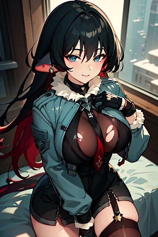 High resolution, masterpiece, Very detailed, Textured skin, jane doe \(zenless zone zero\),One girl, solo,Long Hair, Piercing in left ear,Light blush, A smile that seems to be plotting something,Straight eyes,(Light blue eyes),Uplifting, ruins,Torn pantyhose,(Black innerwear),Military jacket,black and red tie,Garter belt on left leg,Black shorts,Black perforated gloves,Red Nails,wariza,from above,downblouse,Sitting,Hands between legs
