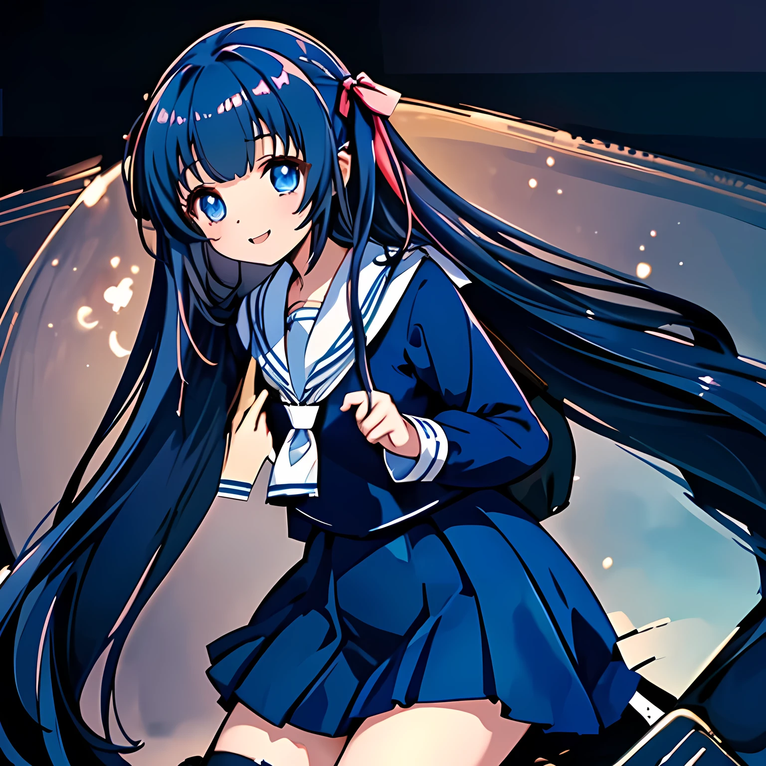 (highest quality, masterpiece, Full HD, High definition: 1.6), (Very carefully drawn cover of Japanese high-school girl's comics, Solo beautiful giggling noble elegant high-school girl wares navy sailor-styled uniform with leather school bag is inviting me into sexual salacious darkness, in evil-sexy black-darkness, charming me sexually and elegantly, mature intelligent sexy noble face, Noble Elegant but lecherous salacious insane and lascivious, sailor uniform: 1.5), (Just one very beautiful noble heroine who is looking and laughing at me, Very detailed cute noble high-school French woman's noble eyes and face, Beautiful giggling eyes with detailed: 1.4), (Super-long bottom-eyelashes: 1.2), (Girl whom everyone loves because of her beauty and lovely fashion and noble manner and mind of evil succubus and magical-charm of evil succubus: 1.0), (Very beautiful, wavy, cutely super-super-long dark-dark-blue-dark-blue rich hair, with elegant hair ribbons, spreading on whole the screen: 1.3), (Laughing very beautiful and sapphire-blue mature intelligent cute-eyes which charms and enslave me inevitably, with clearly detailed: 1.4), (Eyes are clearly detailed), (very long eyelashes: 1.0), (Realistic noble neat noble school navy-colored sailor uniform with a noble expensive glossy red ribbon on the chest: 1.4), (Realistic Charming neat navy-colored deeply pleated long expensive school skirt: 1.5), (Soprano singer of classic music: 1.6), (Her mouth can't stop giggling: 1.6), Clear skin, (There is nothing background except black space of sexual darkness atmosphere: 1.7), (Navy-colored tops and Navy-colored cute collar of sailor-uniform: 1.6), (Faces are especially detailed and carefully drawn.), (Shot from the side),  (Noble sacred neat pure clean girl, but the background is evil-female-organic sexual sensual darkness atmosphere in contrast: 1.8)