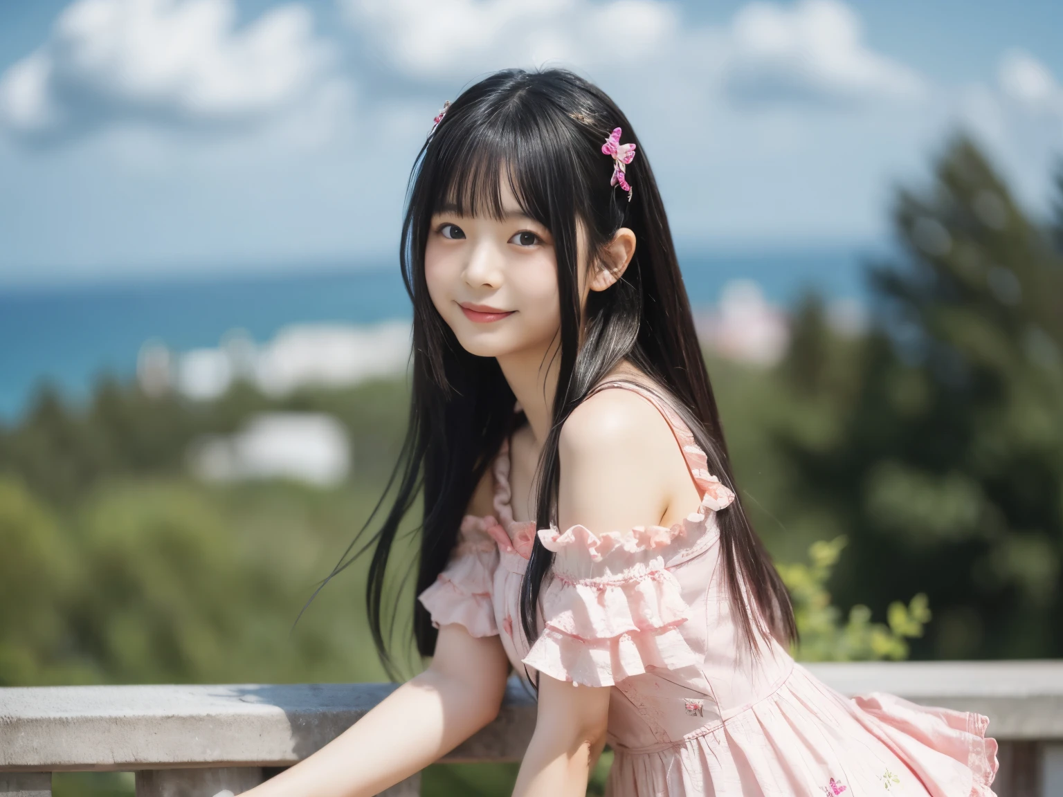 Adorable, 14 years,  Japanese girl,  (Frilly summer dress fluttering in the wind :1.4),   Curly Hair, Hair Scrunchie, Twin tails, (Suggestive:1.2), (smile:0.8),  Natural Makeup,   (Highly detailed eyes:1),   (Highest quality:1.0), (Ultra-high resolution:1.0) ,(Like the picture:1), (Ultra-detailed:1.0), (8K RAW Photos:1.1),View your viewers, , ( Wind power increase:1), Leaning forward