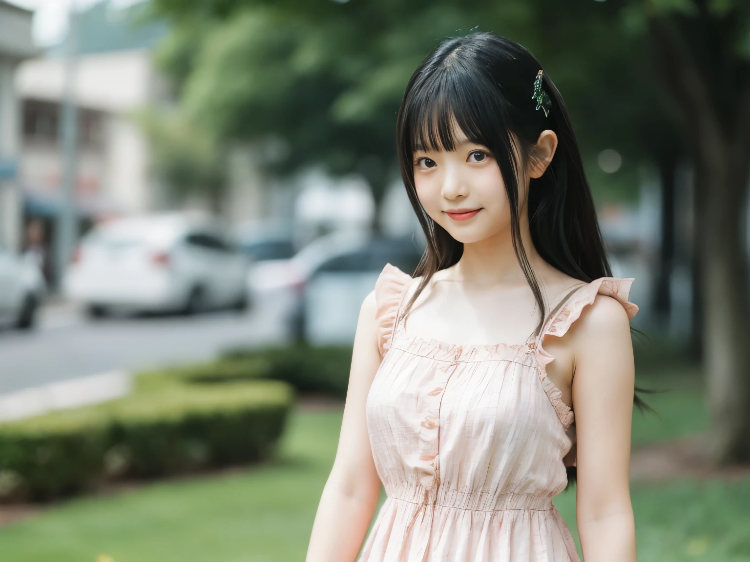 Adorable, 14 years,  Japanese girl,  (Frilly summer dress fluttering in the wind :1.4),   Curly Hair, Hair Scrunchie, Twin tails, (Suggestive:1.2), (smile:0.8),  Natural Makeup,   (Highly detailed eyes:1),   (Highest quality:1.0), (Ultra-high resolution:1.0) ,(Like the picture:1), (Ultra-detailed:1.0), (8K RAW Photos:1.1),View your viewers, , ( Wind power increase:1), Leaning forward