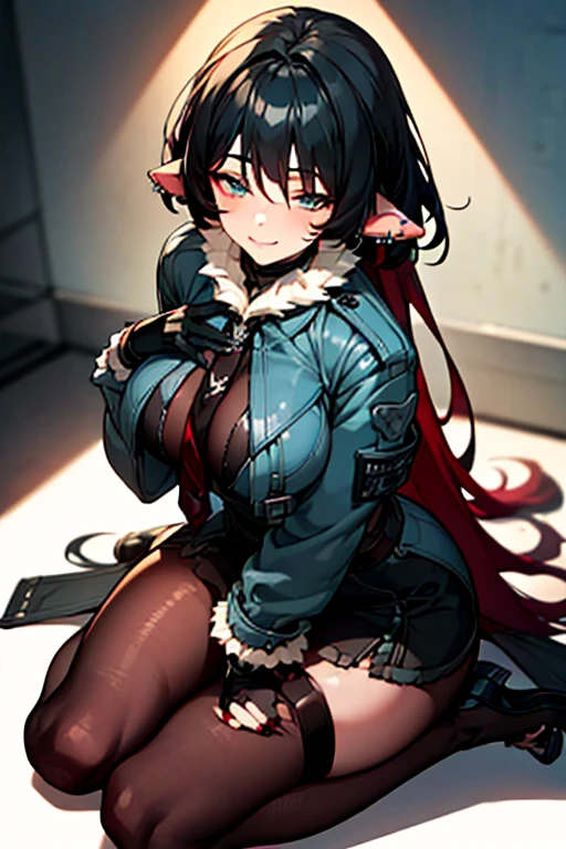 High resolution, masterpiece, Very detailed, Textured skin, jane doe \(zenless zone zero\),One girl, solo,Long Hair, Piercing in left ear,Light blush, A smile that seems to be plotting something,Straight eyes,(Light blue eyes),Uplifting, ruins,Torn pantyhose,(Black innerwear),Military jacket,black and red tie,Garter belt on left leg,Black shorts,Black perforated gloves,Red Nails,wariza,from above,downblouse,Sitting,Hands between legs
