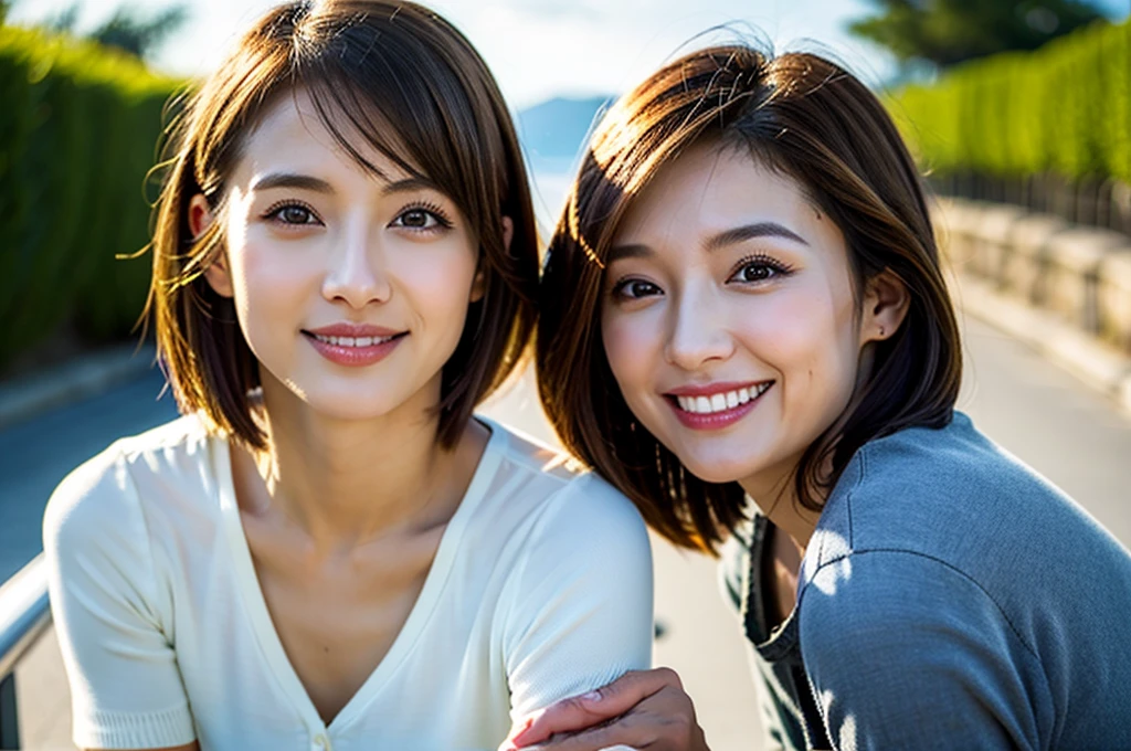 gyaru, shiny oiled skin, short cut hair, face close up, smiling