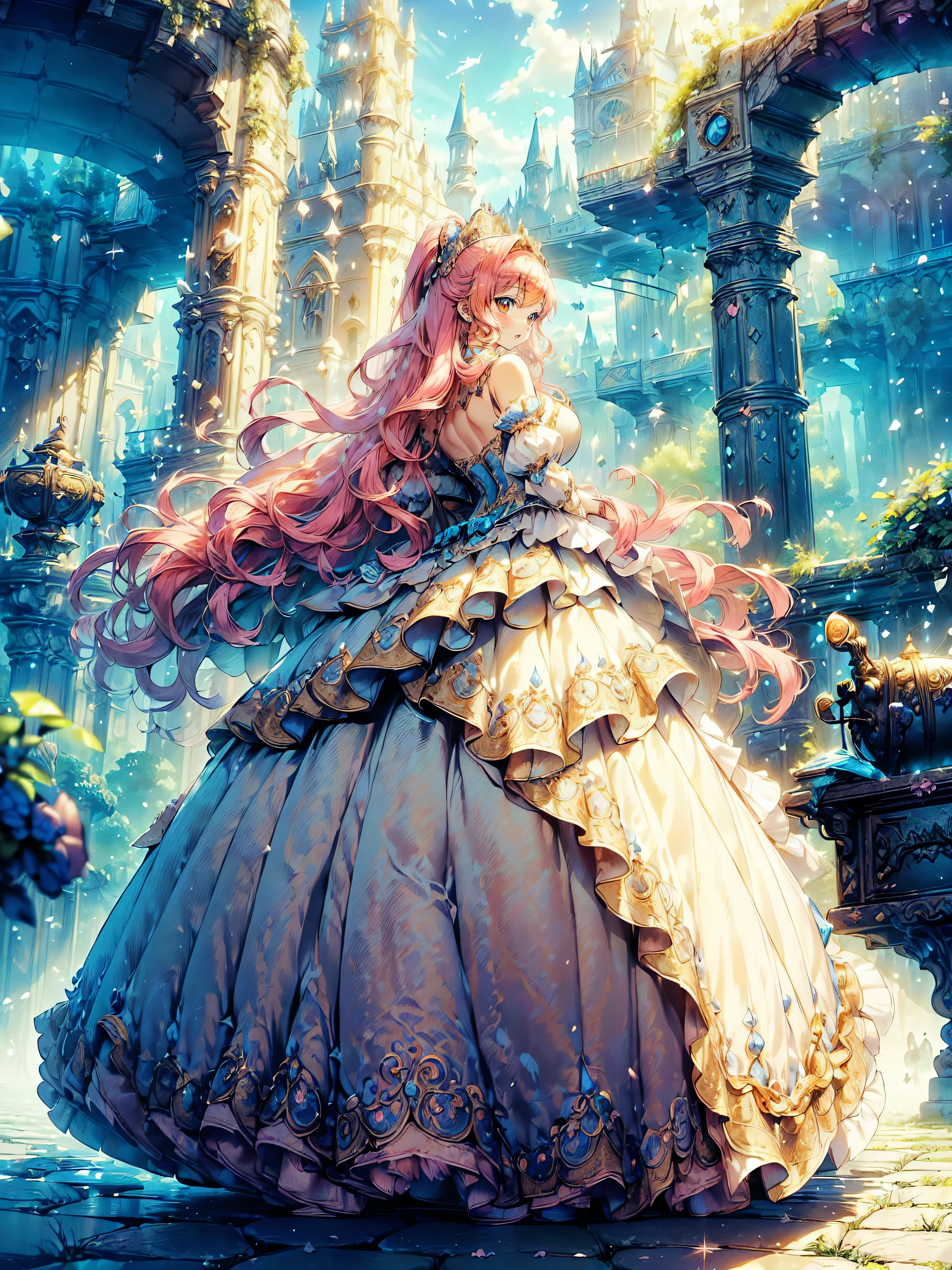 ((Superbly detailed drawing, ultra detailed, exquisite quality, absolutely resolution)), (((young face solo princess))), (((Ultra-luxurious Rococo Victorian gown featuring a voluminous, long skirt, huge flared hoop skirt and long hem, Princess style skirt, long cave))), ((very detailed and beautiful, Ultra-precise and uniquely complex structure, multilayer lace skirt with a super complex and difficult structure, Exquisite lace detailing, Rich texture)), (ponytail, fluffy , super voluminous long Expressive, hair pink hair), tiara, huge breasts, (shy smile), (blurry background:1.5), (depth of field), super detailed skin, super delicate and beautiful face, kawaii face, (backlighting, caustics), ((fog, fantasy castle)), (dynamic angle:1.5), (((arms behind back))), (((soft edge:1.5))), ((full body)), realistic,