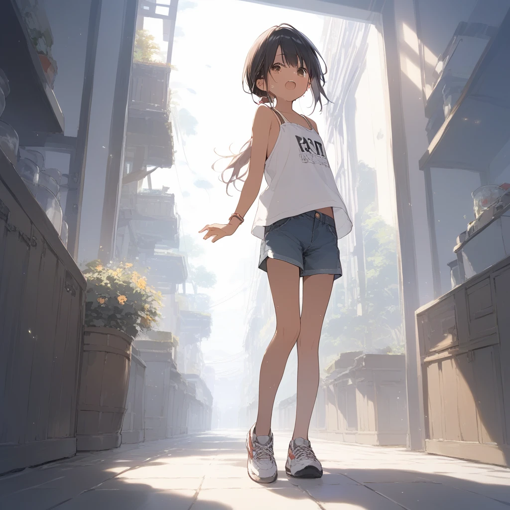 score_9, score_8_up, score_7_up, source_anime, best quality, masterpiece, official art, absurdres, highres, ultra-detailed,waifu2x,Collection: Slice of Life,break,1girl, tomboy, very short hair, pixie cut, breasts, hanme, beautiful detailed eyes, expressionless, shorts,sweat, parted lips, sleepily, outdoors,meadow, wind, break,(clear line illustration:1.2), super detailed skin,very high resolution, very aesthetic, Best cinematic lighting powered by famous artist, 8k, beauty illustration,photoshop_(medium),,(Detailed Lighting),best anime 8k konachan wallpaper, pixiv contest winner,