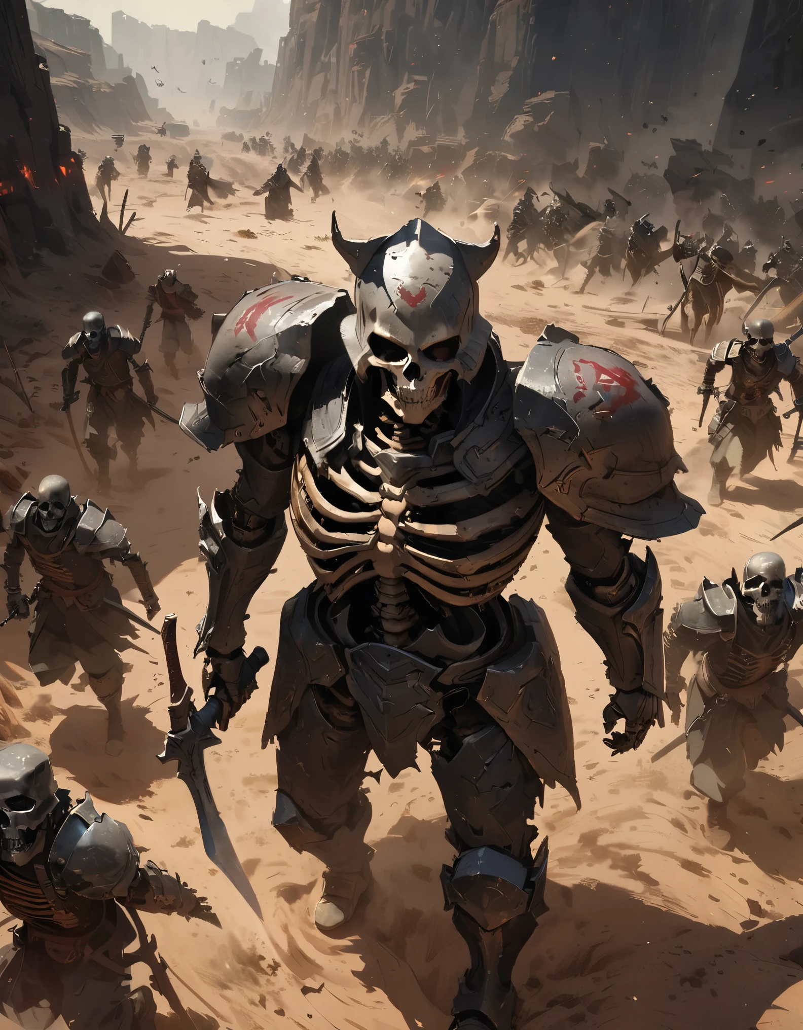 Troops marching through the desert:1.2, Bone Army, Skeleton Warrior, Undead Army:1.2, Bone Army団, Dark fantasy, Cinematic Lighting, Dark moody lighting, Dramatic Shadows, Ominous atmosphere, Dark colors, Dark colors, Twisted and Gnarled Bones, Weapon-wielding skeleton soldier, Skeleton Horse, Skeleton Archer, Skeleton Mage, A skeleton commander leading an army, Ghostly Energy, Ominous Fog, Desolate Desert, Dusty desert landscape, Horror elements, (Highest quality:1.2, 4K, 8k, Very detailed, Attention to detail, masterpiece:1.2, Best aesthetics),