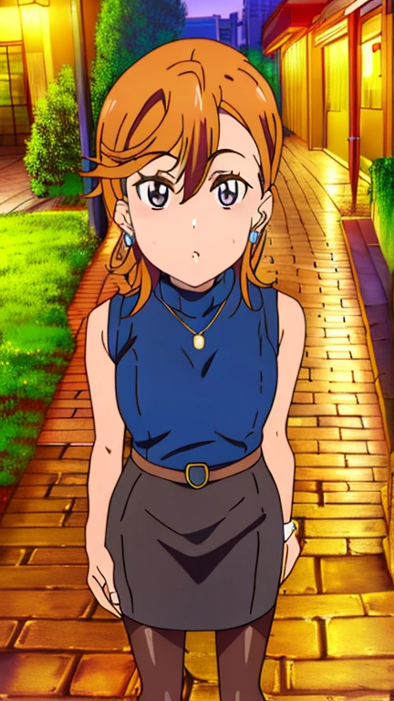 (masterpiece, best quality, 8k:1.2),Very detailed, (anime:1.1), misaka_mikoto, brown hair, medium hair, hairpin, , medium breasts, 1girl, ((Dark blue turtleneck sleeveless knit), pencil skirt, on the city street, necklace, earrings, knee-high stockings), From above, Cowboy shot, looking at viewer,