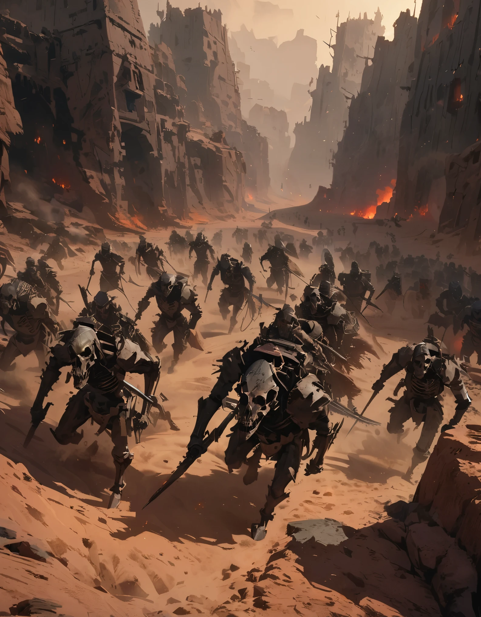 Troops marching through the desert:1.2, Bone Army, Skeleton Warrior, Undead Army:1.2, Bone Army団, Dark fantasy, Cinematic Lighting, Dark moody lighting, Dramatic Shadows, Ominous atmosphere, Dark colors, Dark colors, Twisted and Gnarled Bones, Weapon-wielding skeleton soldier, Skeleton Horse, Skeleton Archer, Skeleton Mage, A skeleton commander leading an army, Ghostly Energy, Ominous Fog, Desolate Desert, Dusty desert landscape, Horror elements, (Highest quality:1.2, 4K, 8k, Very detailed, Attention to detail, masterpiece:1.2, Best aesthetics),