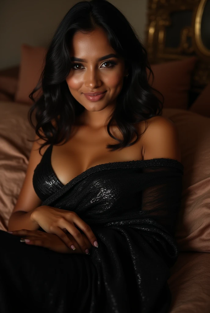 40-year-old arabic woman Sexy Black bra Purple short velvet skirt Smirk Lying on bed