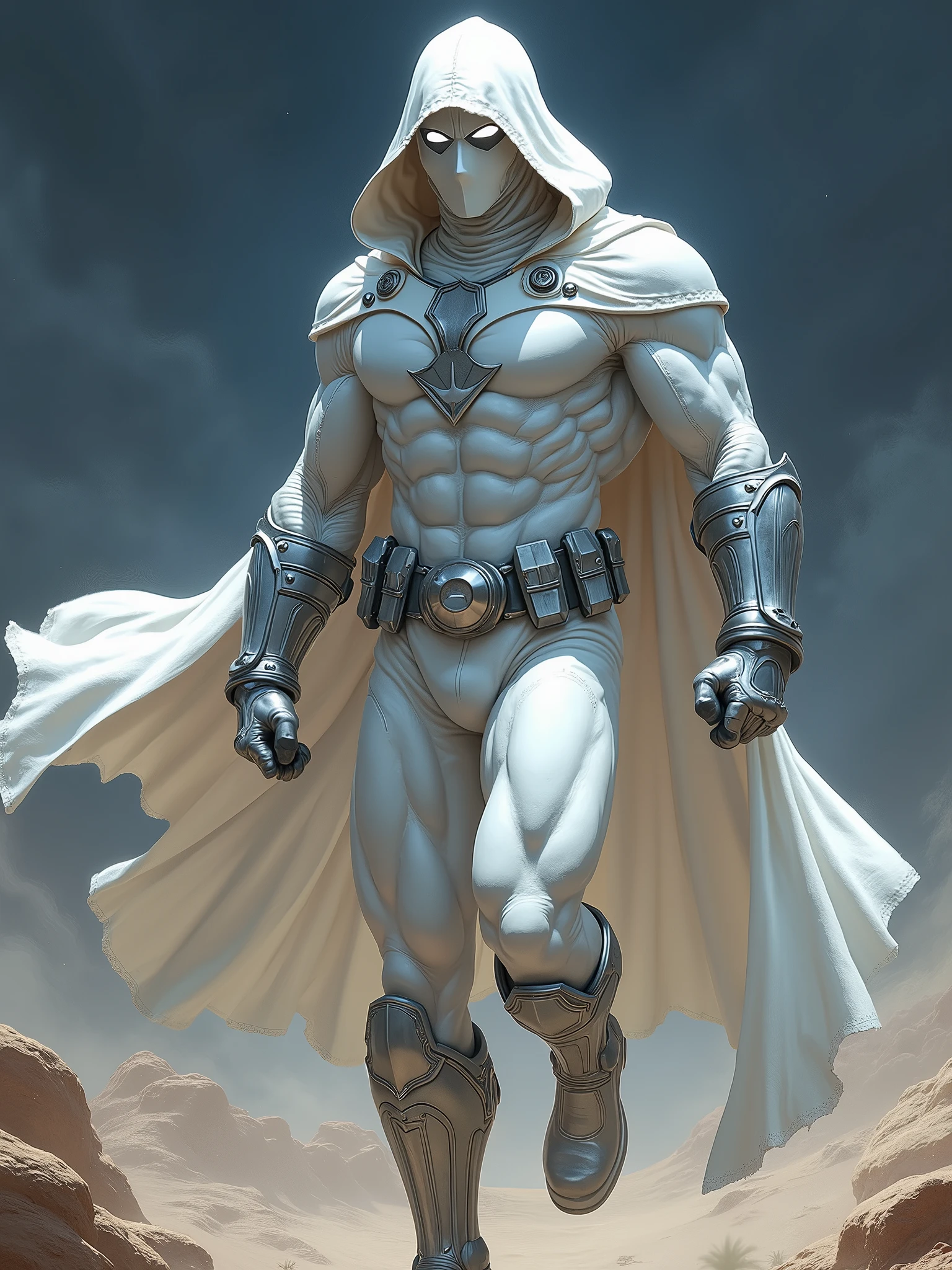 Full body photorealistic 4k, high resolution, best quality, masterpiece, perfect color, perfect shade, perfect lighting, Posted by e621, ((portrait)), ((handsome man)), perfect male figure, Short hair details，chest muscles，abdominal muscles，wearing white and silver tight fit latex spandex and gloves，Detailed face, perfect face, (stood up), Detailed background, ((Bonifasco Lighting)), (delicate eyes),),white hair