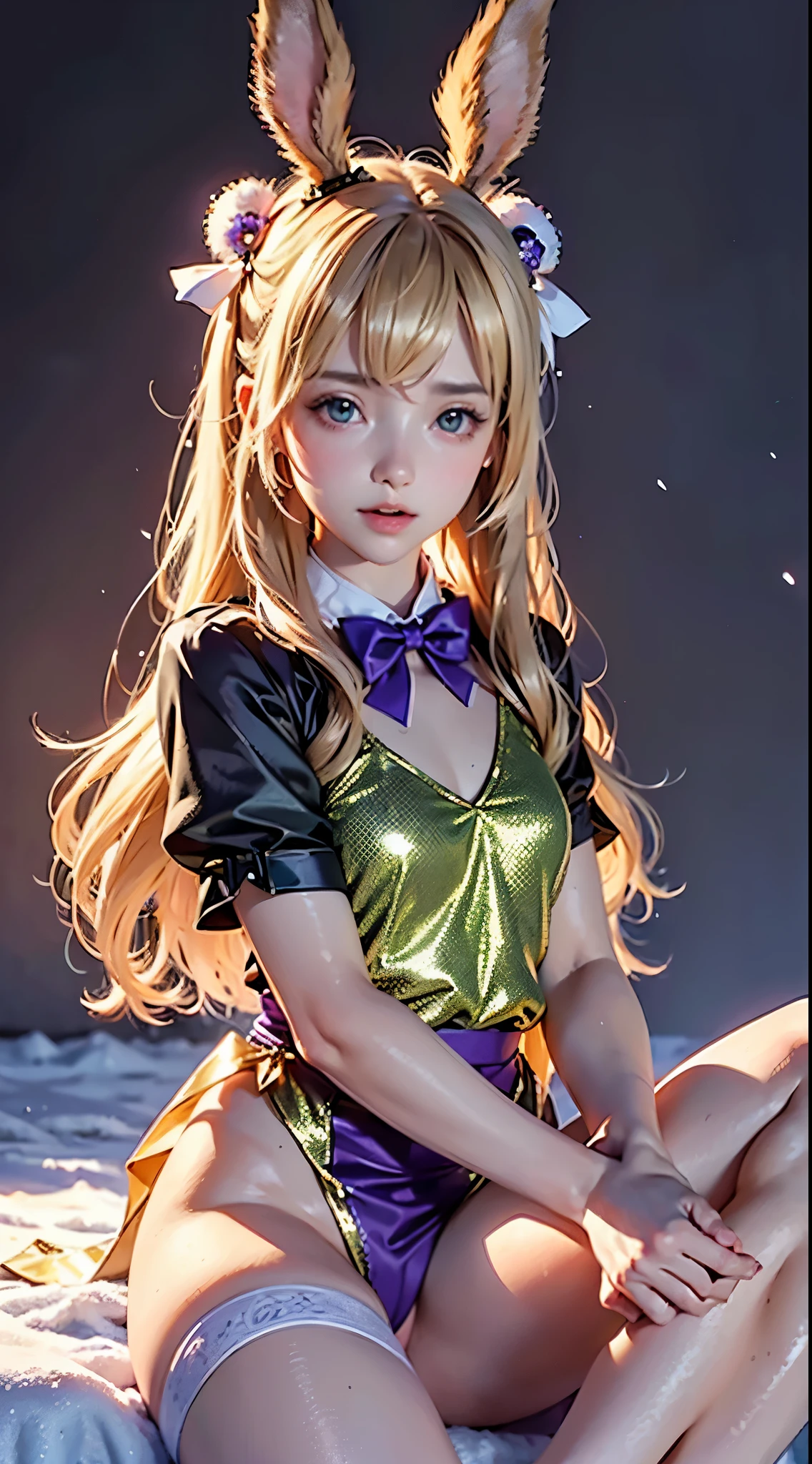 masterpiece, Highest quality, Highly detailed CG Unity 8K wallpapers,((Upper Body)) ,((Upper Body head close-up shot of a beautiful little girl)), , Elegant long straight blonde hair, (Mckenna Grace), ((Flat Chest,Thighs,Self-illuminating skin)),transparent (Purple green) Golden (Sparkly Tutu,long rabbit ears headgear, , bow tie, No pants, Genitals are visible), ((Sitting,Spread your legs)),(), (blush), , (), (Ice and snow world), Pretty face, Key Art, Awards, intricate detail realism hdr, by (Luan Jia, Altojam and Range Murata), Photorealism, Hyperrealism, Ultra-realistic, Dramatic Light, Strong Shadows, Nice views, Written boundary depth