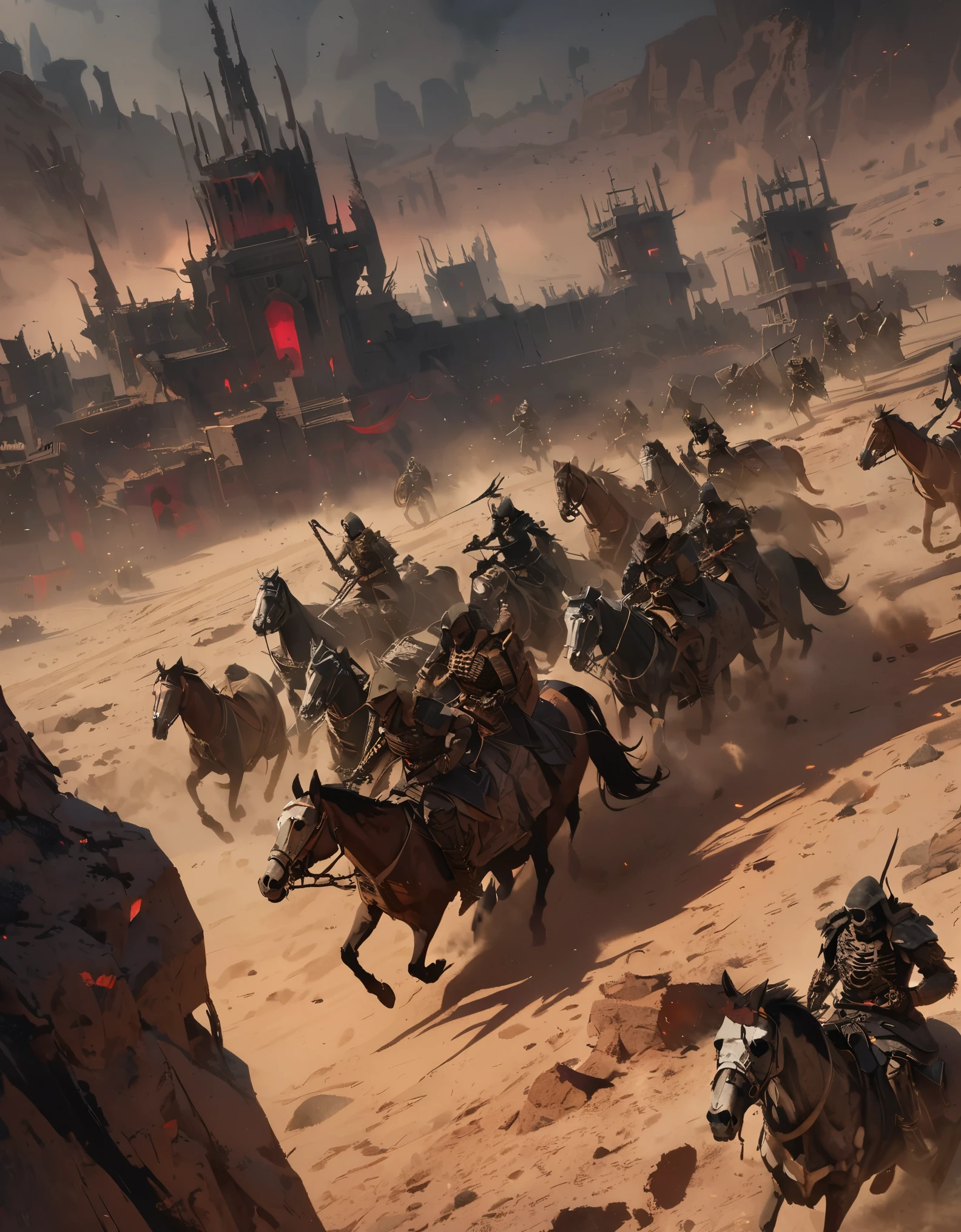 Troops marching through the desert:1.2, Bone Army, Skeleton Warrior, Undead Army:1.2, Bone Army団, Dark fantasy, Cinematic Lighting, Dark moody lighting, Dramatic Shadows, Ominous atmosphere, Dark colors, Dark colors, Twisted and Gnarled Bones, Weapon-wielding skeleton soldier, Skeleton Horse, Skeleton Archer, Skeleton Mage, A skeleton commander leading an army, Ghostly Energy, Ominous Fog, Desolate Desert, Dusty desert landscape, Horror elements, (Highest quality:1.2, 4K, 8k, Very detailed, Attention to detail, masterpiece:1.2, Best aesthetics),