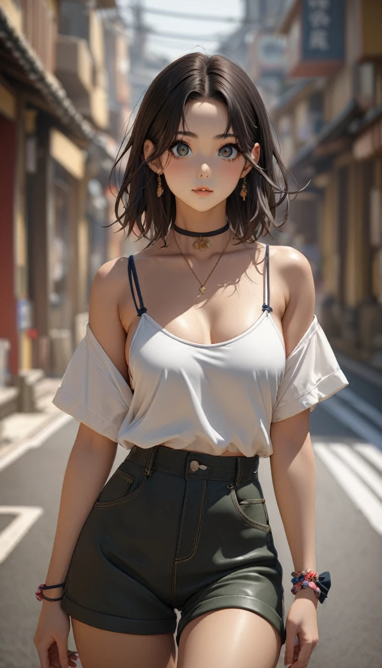 (drooping eyes, realistic skin), (((show off her panties with energy and freshness))), open-minded woman, well-being, bold-slut, nipples-outlines are visible from over shirt, buildings, fashionable clothes, skirt, rhythm, tiny earrings, thin necklace, bag, window shopping downtown,