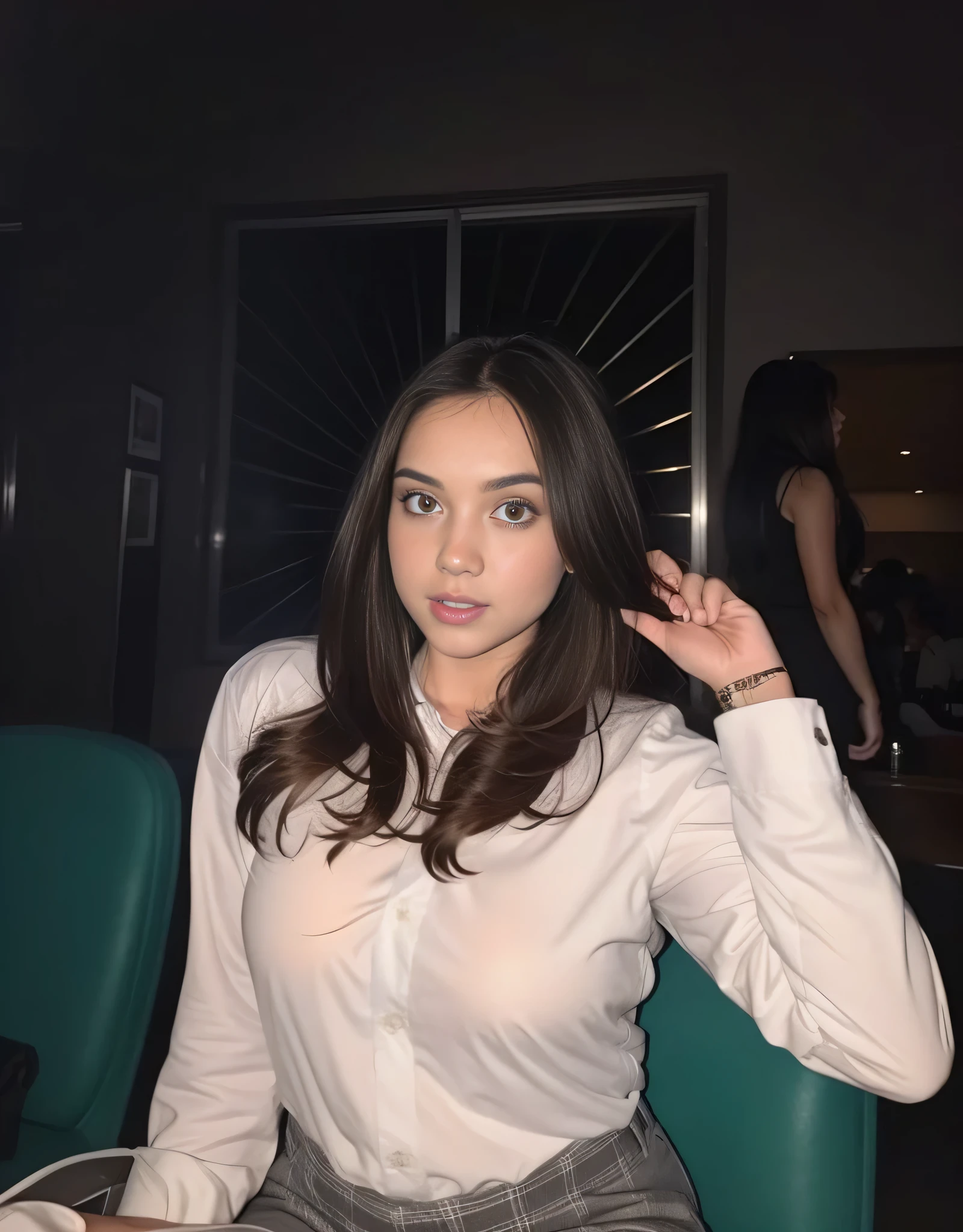 1girl, (uniform), sits with her legs pressed to her chest surprisingly cute, detailed night view of Metropolitan city at the background, detailed face, detailed eyes, brunette, big breasts, smooth realistic skin, semi-curvy body, white school shirt, grey blue hot miniskirt , looking at the audience, Full body shot, camera from ground, (overhead view:1.35), (zoom-out : 1.3) , (8k, RAW photo, best quality, masterpiece: 1.2), (realistic, realistic: 1.37), ultra-high resolution, normal fingers