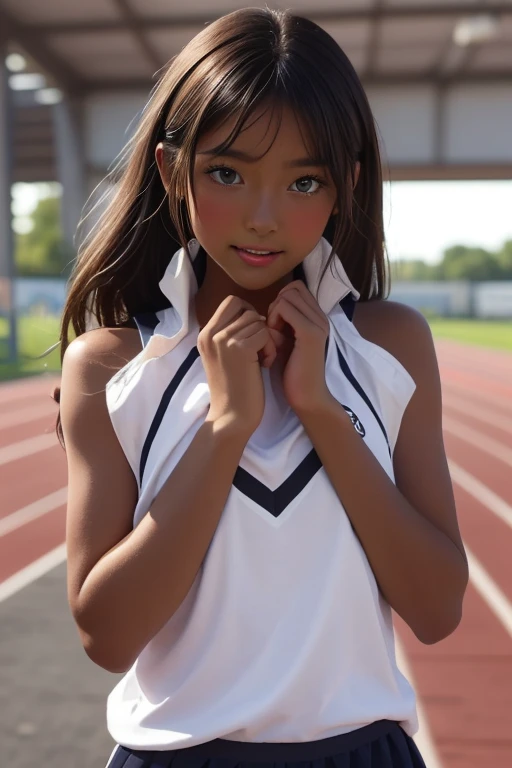 (((( one girl )))), Put your hand over your mouth、Beautiful breasts、 Brown eyes, ((Gal Hairstyles)) blonde, girl, (Eye and facial details:1.0), break, (masterpiece, Highest quality, Very detailed, Detailed face, 8k),( dark skin:1.9 ), (((( track and field uniform )))),( open mouth ),(((( 9歳 ))))