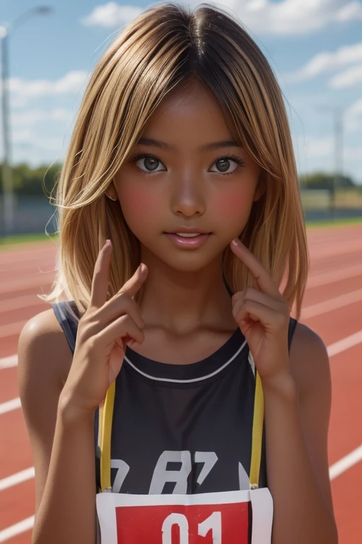 (((( one girl )))), Put your hand over your mouth、Beautiful breasts、 Brown eyes, ((Gal Hairstyles)) blonde, girl, (Eye and facial details:1.0), break, (masterpiece, Highest quality, Very detailed, Detailed face, 8k),( dark skin:1.9 ), (((( track and field uniform )))),( open mouth ),(((( 9歳 ))))