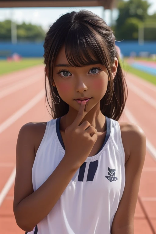 (((( one girl )))), Put your hand over your mouth、Beautiful breasts、 Brown eyes, ((Gal Hairstyles)) blonde, girl, (Eye and facial details:1.0), break, (masterpiece, Highest quality, Very detailed, Detailed face, 8k),( dark skin:1.9 ), (((( track and field uniform )))),( open mouth ),(((( 9歳 ))))