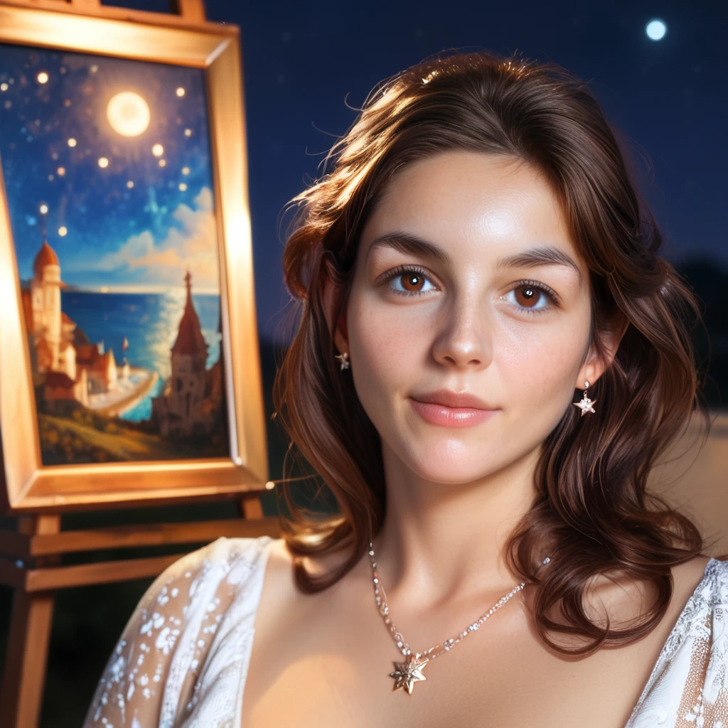 (GeGe:1.0), woman, brunette, brown eyes, brown hair, score_9, score_8_up, score_7_up, (cowboy shot: 1.5), Hyper realistic An ultra hot gorgeous European woman. Age 23. Goddess. high quality, highly detailed, illustration, impasto, canvas, oil painting, fantasy, ((night time. Starry night)).