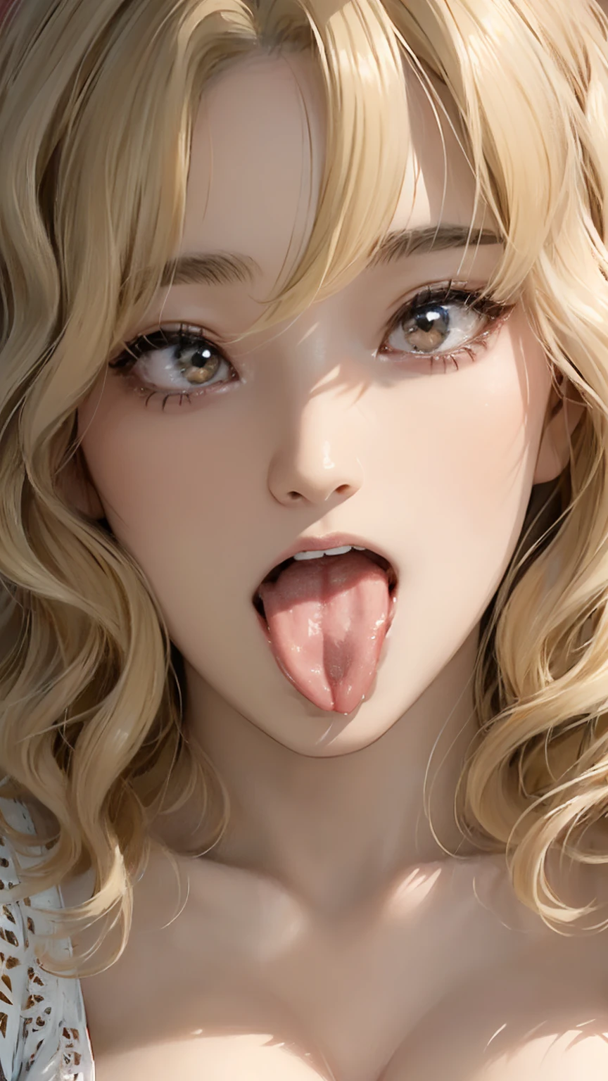 Realistic, masterpiece, Highest quality, Highest quality, (One Japanese woman:1.5), (Close up on face, Sticking out a long tongue:1.5), beautiful girl, Smiling happily, Dark Eyes, With lots of eyelashes, (blonde, short hair, Wavy Hair:1.3), (Cleavage:1.3), (Stand up:1.3)