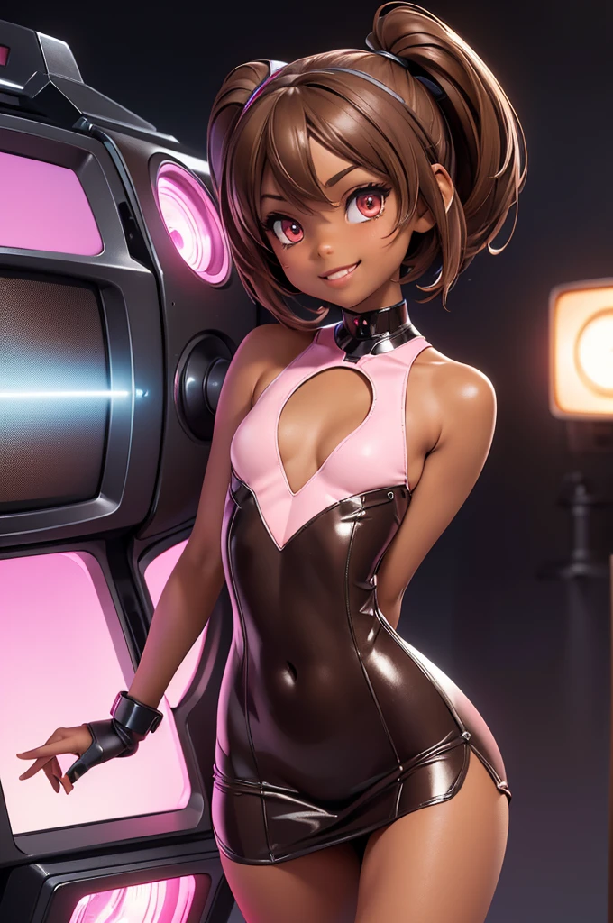 {{{{{{{{ 2d/3d hybrid, unreal Engine, cel-shaded animation, masterpiece, hdr, 4k, ray tracing detailed background, amazing quality, incredibly aesthetic, incredible sharp absurdres, incredibly sharp gradients, deep highlights, {{connie maheswaran}}, sensualcore, hyper stylistic, Raw sensuality, fabric texture, sensuous angle, skin indentations, flowing emotions }}}}}, { very darkskin,, age 25, photoshoot in a club, dancing, strong, attractive, perfect}, sensous open back bodysuit, micro shorts star back pockets, beret, "flirty fighter " text along chest , "heart☆berry" stomach tattoo, teasing, perfect body, square-shaped figure, wide heart hips, perfect black eyes, perfect face, perfect hands, perfect charm, mischievous prankster, impact frame, motion lines, details, , cool tones, rich atmospheric shading, sensual shadowing, Life size body, dynamic angle, dynamic pose, dynamic perspective, dynamic Line of action, dynamic scenery, atmospheric lighting, Cinematography,