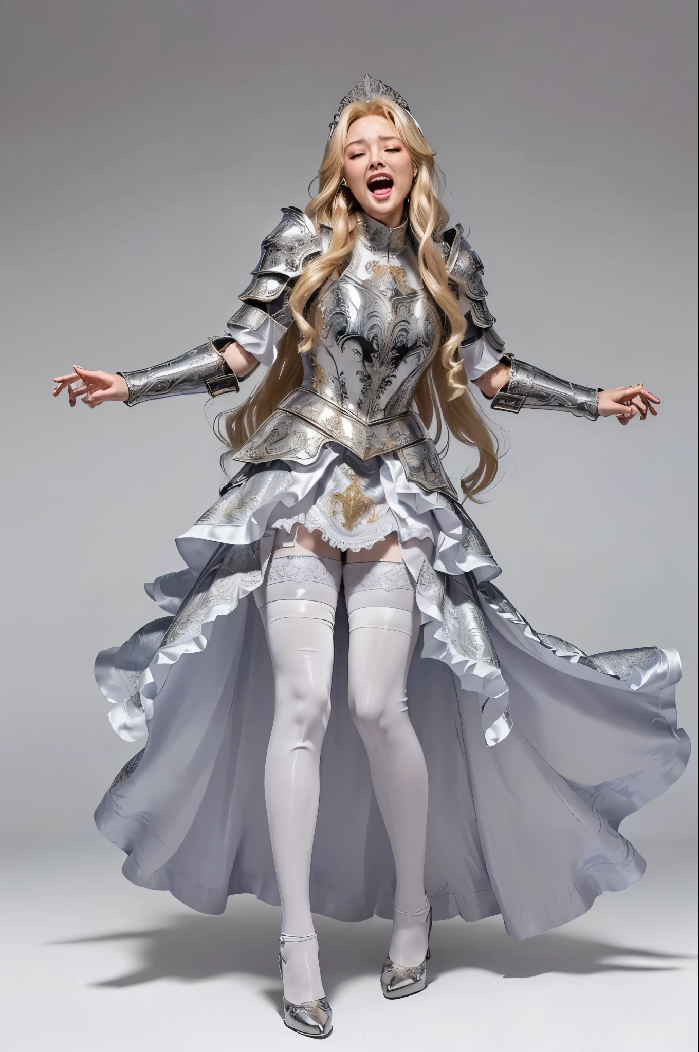 masterpiece, best quality photo, a beautiful 2 princess knight is screaming, (fancy engraved medieval metallic armor on top:1.3), (luxury silk skirt:1.2), (thigh high white stocking:1.3), white high-heel:1.2, light gray metal armor, (detailed facial expression:1.2), extremely beautiful, grimace, screaming, strongly closed eyes, wide open lips:1.3, rich blonde hair:1.1, (painful screaming facial expression:1.2), dynamic pose,