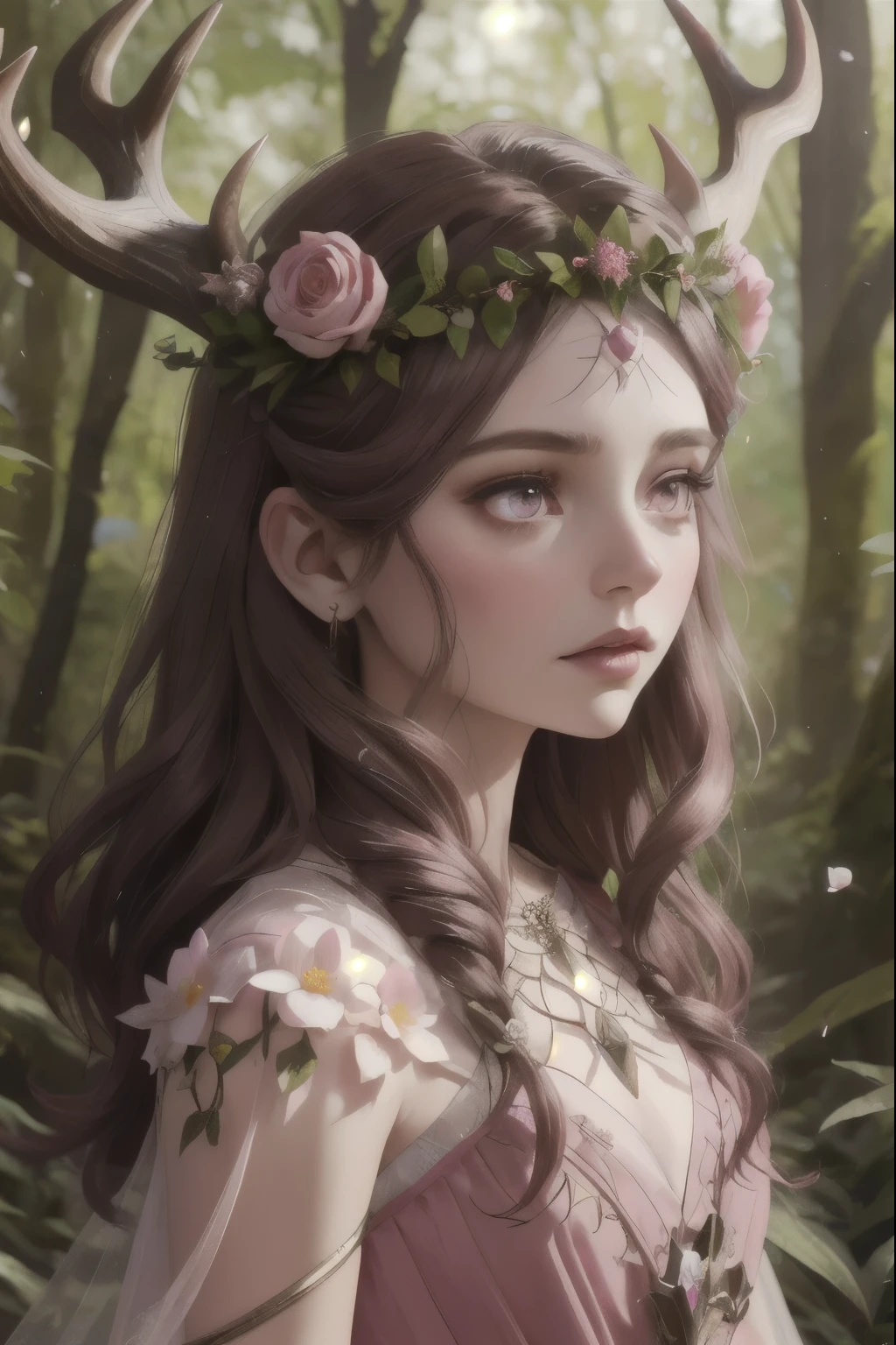 horntyle, Fairy Woman, Pink Dress, dark hair, Dark Eyes, Rosy Cheeks, Flower Crown, spring, Enchanted Forest, Persephone || skin, hair, horn, fabric, masterpiece, 8k, High resolution, Shallow depth of field, Sharp focus