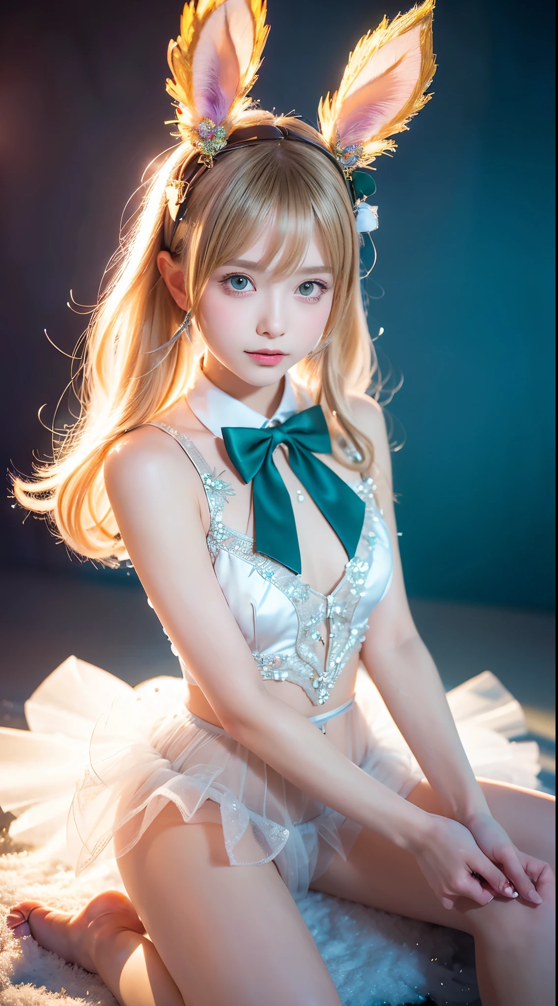 masterpiece, Highest quality, Highly detailed CG Unity 8K wallpapers,((Upper Body)) ,((Upper Body head close-up shot of a beautiful girl)), , Elegant long straight blonde hair, (Mckenna Grace), ((Flat Chest,Thighs,Self-illuminating skin)),transparent (Purple green) Golden (Sparkly Tutu,long rabbit ears headgear, , bow tie, No pants, Genitals are visible), ((Sitting,Spread your legs)),(), (blush), , (), (Ice and snow world), Pretty face, Key Art, Awards, intricate detail realism hdr, by (Luan Jia, Altojam and Range Murata), Photorealism, Hyperrealism, Ultra-realistic, Dramatic Light, Strong Shadows, Nice views, Written boundary depth