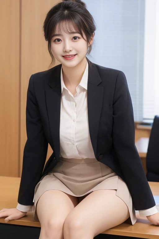 Masterpiece, photo quality, high resolution photo quality, Japanese woman, business jacket, cotton tight skirt, beautiful skin-colored thighs, smile, droopy eyes, gentle eyes, updo, office,