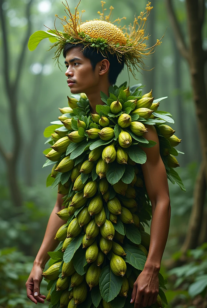 An imaginary creature with a body that appears to be made of different types of vegetables and fruits. Its shape is similar to that of a person, with limbs that resemble trunks of vegetables and fruits. The skin is a combination of vibrant colors, with textures ranging from smooth to rough, reminiscent of the appearance of different barks and leaves. The eyes are large and bright, like two spheres of ripe fruit. Hair, rather than being made of strands, is a mixture of leaves and twigs that gently move in the wind. This creature has an aura of vitality and freshness, as if it were an embodiment of nature in human form, highly detailed, very realistic, well drawn, 4k.