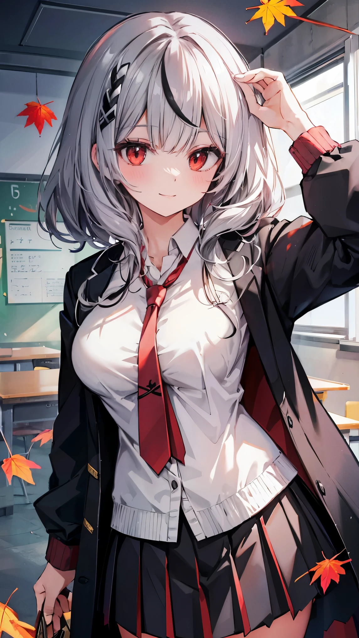 ,Highest quality,Silver and black hair,Red eyes,Orca,classroom,tie,Pink Cardigan,Dress shirt,Pleated skirt,autumn leaves,smile,Large Breasts,slender,