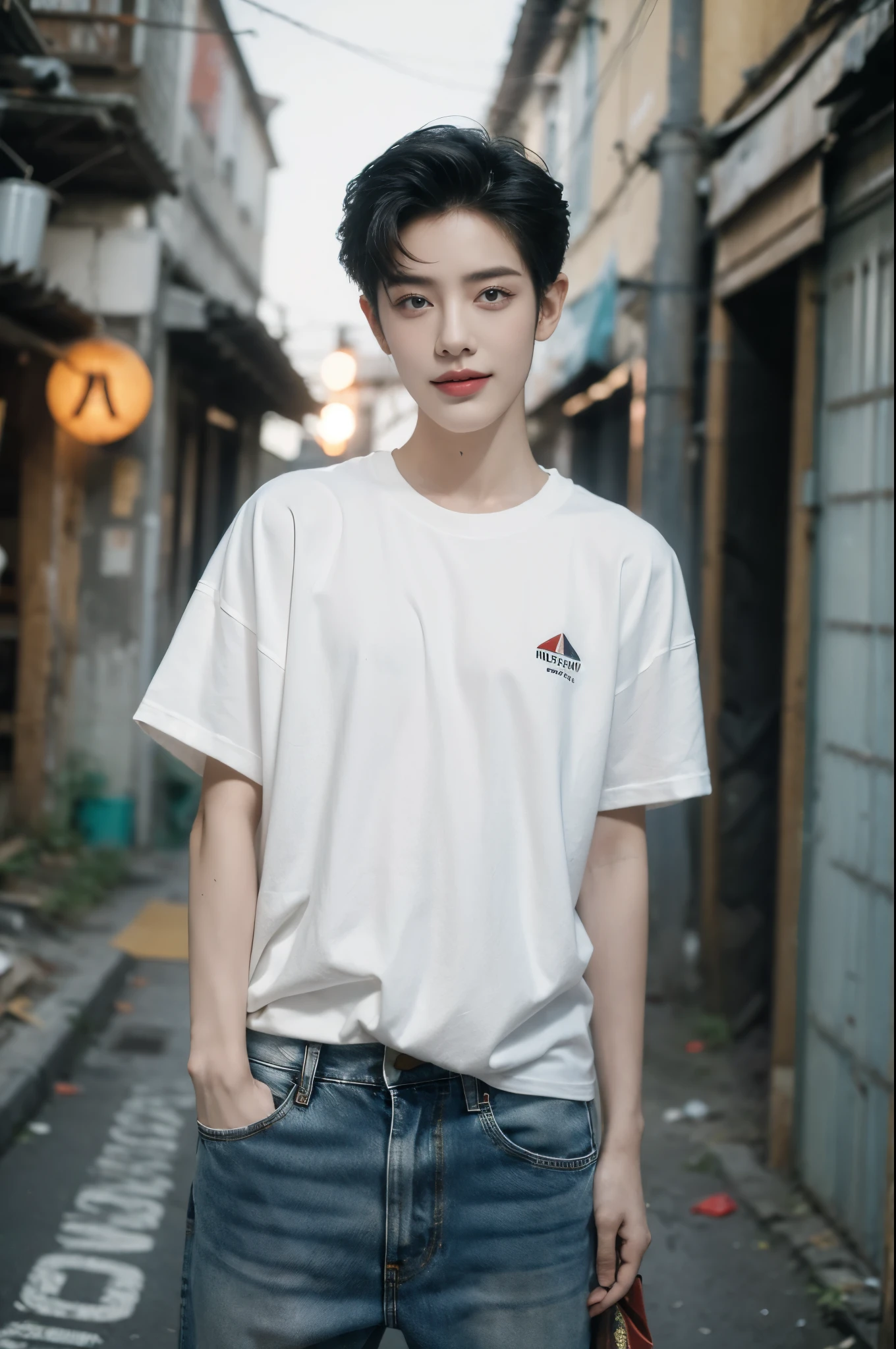 (((best quality))),(((ultra detailed))),(((masterpiece))),illustration, 1 boy, mischievous, tomboyish,buzz cut, black T-shirt, faded design, loose jeans, canvas shoes,standing, dirty, adventurous spirit, sharp eyes, no makeup, satisfied smile, dilapidated alleyway, peeling paint, littered ground, stray cat, dim streetlight, mysterious atmosphere, midnight exploration,from front,upper body