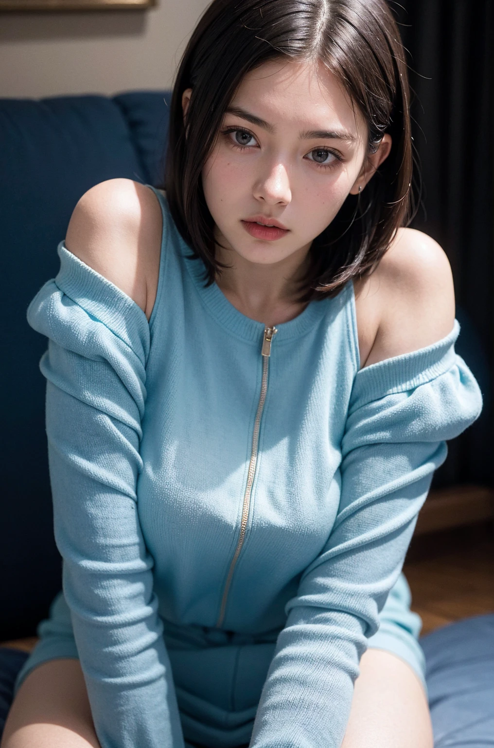 (((masterpiece, best quality,ultra-detailed,8k,high resolution))), (upper body),24 years old ,Japanese girl, 1girl, short hair, (Cover half face with a turtleneck sweater:1.7)