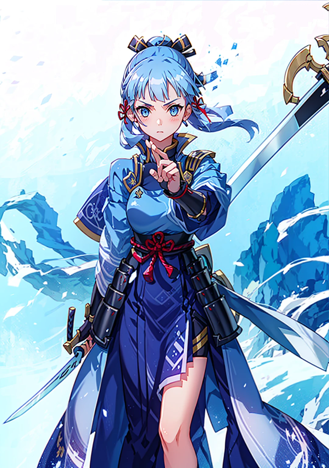 Displaying the viewer, 1 girl,  Highest quality, Blue Hair, blue eyes, Japanese style armor, Sword in hand, electricity, kamisato ayaka, whole body, blush, Serious face、Very detailed、High resolution、High resolution、Written boundary depth,White Background,A sword as big as your body