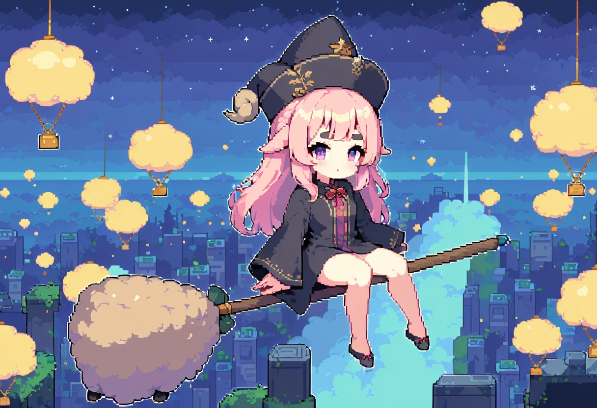 (((Highest quality, 8k, masterpiece:1.3)), ((One Woman)), Pink long hair, Fluffy hair, Thick eyebrows, Pointed hat, Black Robe, Pointy toes, Flying in the sky on a broom, Flying Sheep, Graphic Arts, (Pop Background), (Night Sky), Overlooking the city