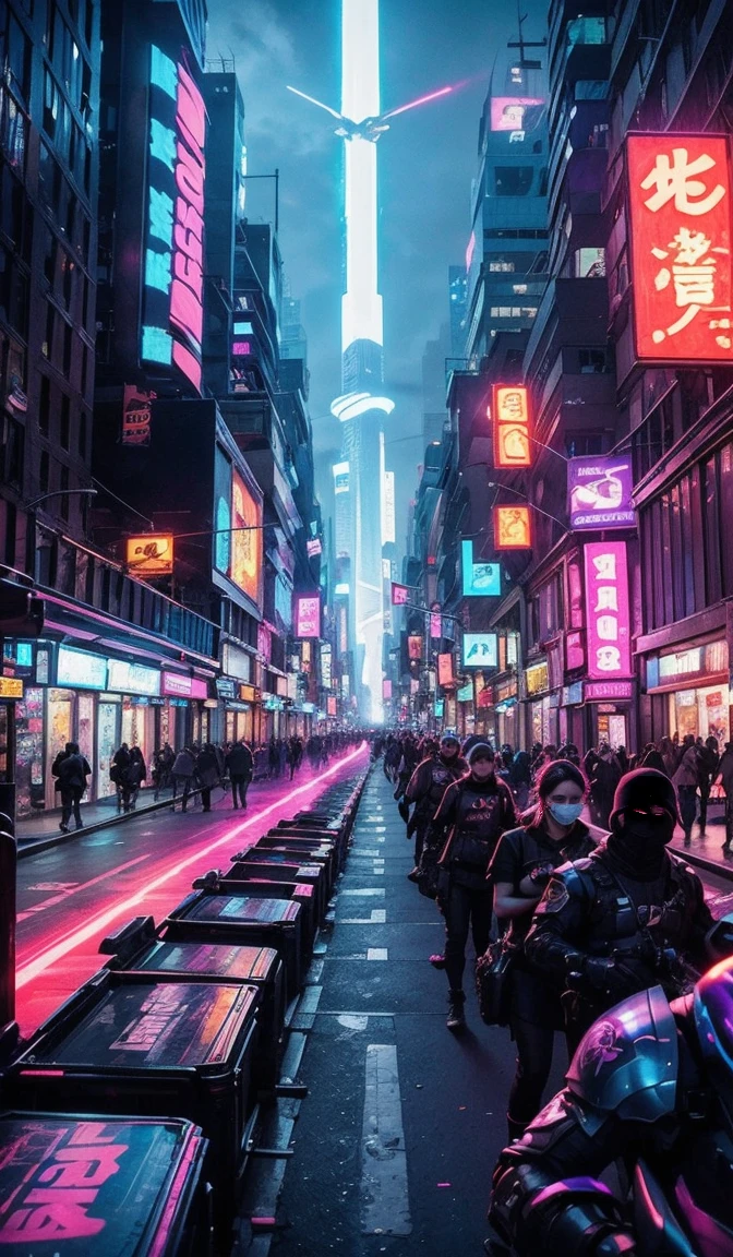 A sprawling cyberpunk city at twilight, where the sky is a deep indigo, transitioning to shades of purple and pink as the last light of day fades. The city is alive with neon lights and glowing signs in every direction—holographic advertisements flicker on massive digital billboards, projecting larger-than-life images of futuristic products and cybernetic enhancements. Skyscrapers tower above, their exteriors lined with luminous panels that pulse with vibrant blues, greens, and reds.

Below, the streets are bustling with a mix of humans and androids moving through the dense crowds. Futuristic vehicles—both wheeled and hovering—zip along multi-level roads and between towering buildings, leaving trails of neon in their wake. Vendors in glowing stalls sell tech gadgets, street food, and illicit goods, while drones hover overhead, scanning the crowd and monitoring the scene. Alleyways are narrow and dark, filled with steam rising from vents, illuminated by graffiti that glows under blacklight.

The distant hum of machinery and faint sounds of electronic music blend with the chatter of the city’s inhabitants, creating a symphony of urban life in this vibrant, dystopian metropolis. High above, monorail trains glide silently on elevated tracks, casting moving shadows on the busy streets below. The city is both beautiful and chaotic, a blend of high-tech glamour and gritty underworld, where the evening never truly feels like night due to the constant glow of neon.