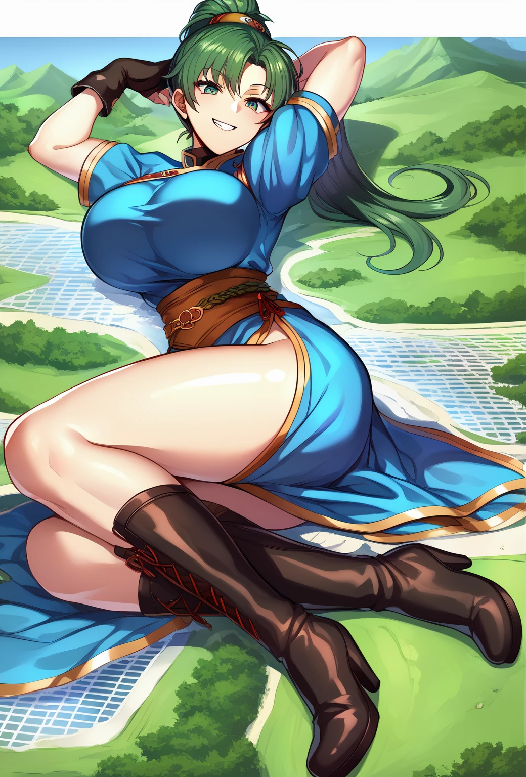 master piece, best quality, extremely detailed CG unity 8k wallpaper, ultra-detailed, detailed face, detailed eyes, 8K, front view, official art, anime style, (perfect anatomy), 

athletic curvy physique, inverted body type, attractive feminine curves,  big breasts, curvy legs and arms, feminine curvy figure, (thick thighs, thick calves, thick voluptuous legs, big curvy hip, bare knees, bare thighs), ((style of plump voluptuous body)), 

brown elbow gloves, brown over-the-calf boots, long laced boots,
deep green high ponytail hair, green eyes, 

1 beautiful giant woman, looking down with alluring smile, smirk, (yokozuwari:1.3), sitting on side, leaning to the building, one arm up behind head, put another arm on the ground, ruins, looming, teeth, ((lying on side, lying on city with crushing buildings, crossing legs)),

GTS, giantess, jvdaniang, building size, defLyn, green hair, high ponytail, blue dress, short sleeves, sash, side slit, fingerless gloves, lace boots, high heel boots, giaro boots, piercing toes, 

