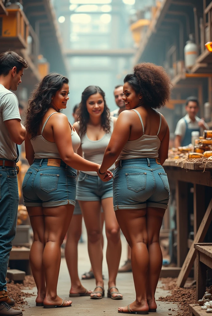 3 14 year old girls in sexy underwear, selling empanadas on the street, in a street vendor stall, selling empanadas to their customers, all of them are thin, the image allows to see the whole body of the sellers