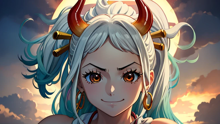 highest quality、Best image quality、masterpiece, (Anime Style),Beautiful lighting、one piece、Yamato、concept art、head to toe, (head to toe:1.4), Long Hair, 1 Girl, horn, Gray Hair, only, They are, Red horn, Winding horn, hair ornaments, (Multicolored horn), （giant girl:1.4）、Yamato larger than the mythological island of demons、jewelry, Earrings, white bikini, Hairpin, Sleeveless, Exposing shoulders, Aqua Hair, Side Lock, hoop Earrings, In the same way, smile, large smile, Orange Eyes, Enormous breasts , Cleavage、bewitching body