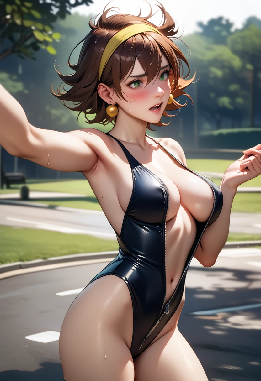 RAIN MIKAMURA,(yellow headband,brown hair,short hair,flipped hair:1.1),perfect hands, perfect finger,perfect anatomy, masterpiece, best quality,realistic, hyperrealistic, 16k hdr,1girl, large breasts,see through nipples,,green eyes,earrings,(Center Opening Front Zipper Swimsuit:1.2),sweat,(red blush,embarrassment:1.2) , outdoor,rainy day,park,standing,sexy pose,arm up,strong wind