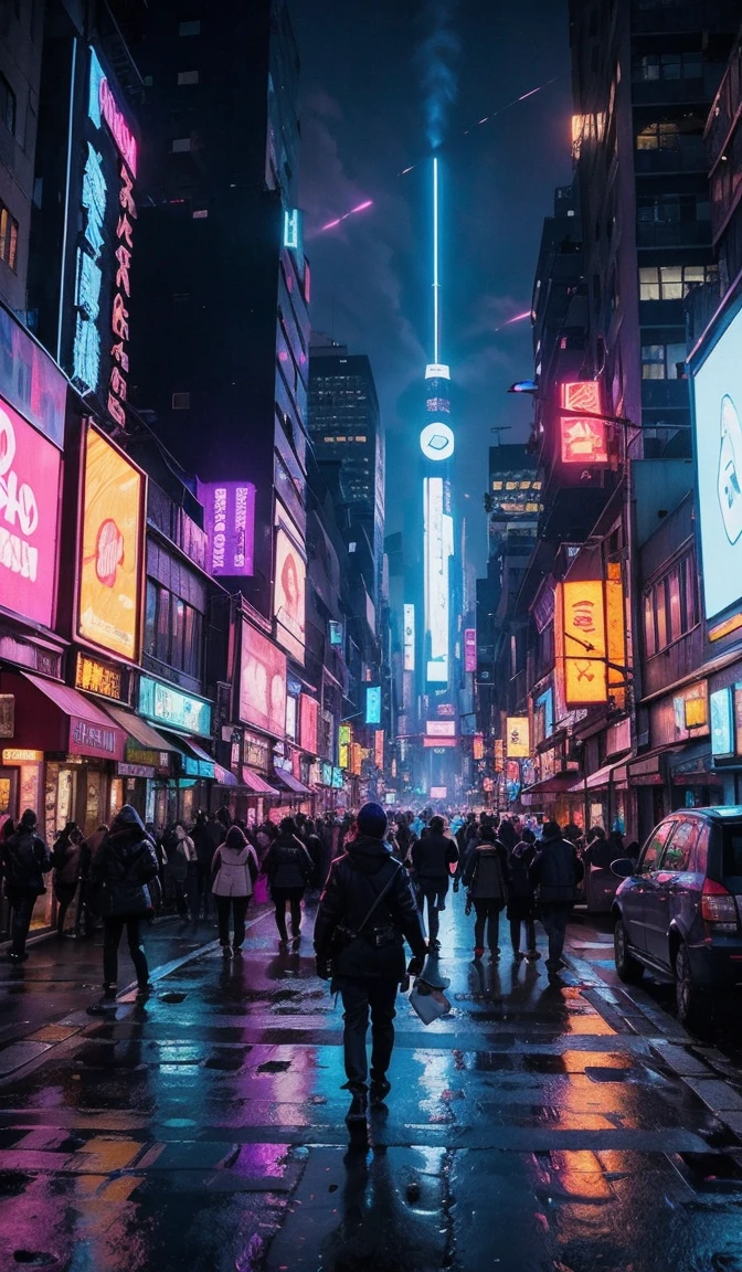 A sprawling cyberpunk city at twilight, where the sky is a deep indigo, transitioning to shades of purple and pink as the last light of day fades. The city is alive with neon lights and glowing signs in every direction—holographic advertisements flicker on massive digital billboards, projecting larger-than-life images of futuristic products and cybernetic enhancements. Skyscrapers tower above, their exteriors lined with luminous panels that pulse with vibrant blues, greens, and reds.

Below, the streets are bustling with a mix of humans and androids moving through the dense crowds. Futuristic vehicles—both wheeled and hovering—zip along multi-level roads and between towering buildings, leaving trails of neon in their wake. Vendors in glowing stalls sell tech gadgets, street food, and illicit goods, while drones hover overhead, scanning the crowd and monitoring the scene. Alleyways are narrow and dark, filled with steam rising from vents, illuminated by graffiti that glows under blacklight.

The distant hum of machinery and faint sounds of electronic music blend with the chatter of the city’s inhabitants, creating a symphony of urban life in this vibrant, dystopian metropolis. High above, monorail trains glide silently on elevated tracks, casting moving shadows on the busy streets below. The city is both beautiful and chaotic, a blend of high-tech glamour and gritty underworld, where the evening never truly feels like night due to the constant glow of neon.