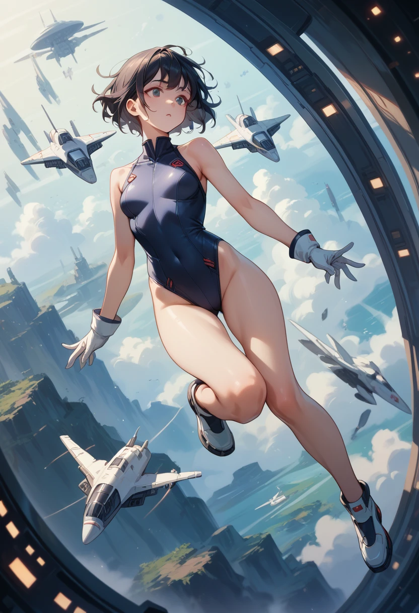 Highest quality、juvenile、Sleeveless bodysuit、White gloves、Very short black hair、Small breasts、Beautiful thighs、One person、Spaceship、Body floating in the air